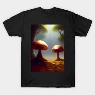 DREAMY MUSHROOMS IN SUNLIT FOREST GLADE T-Shirt